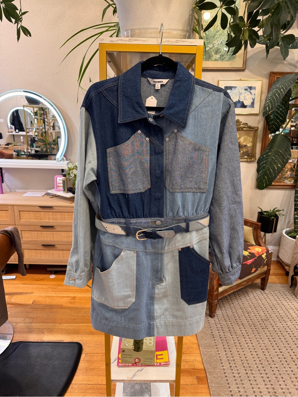 Steve Madden Patchwork Jean Jacket Dress - Multi Blue Denim